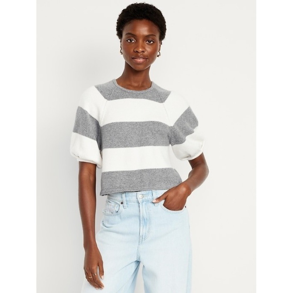 Old Navy SoSoft Preppy Minimalist Grey White Striped Puff Sleeve Sweater XL Top